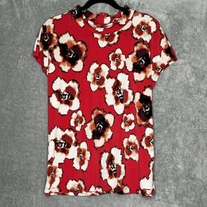 Calvin Klein Xl Shirt Top Red Floral Short Sleeve High Neck Stretch Zipper Back